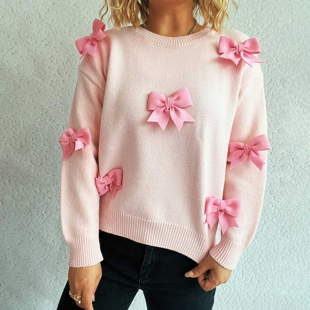 EGNMCR Chandail Col Rond Femme Manches Longues Col Rond Couleur Unie Bijou Chandail Ample Tricoté Polyester Haut pour Femme