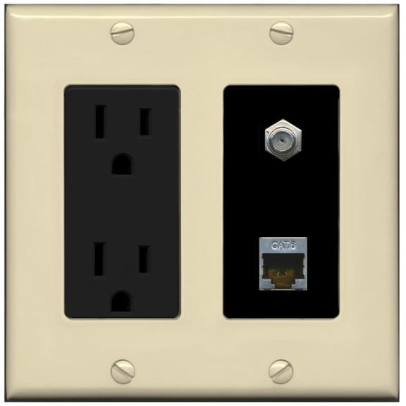 RiteAV - 15 Amp Power Outlet 1 Port Coax Cable TV- F-Type and Shielded Cat6 Ethernet Wall Plate - Ivory/Black