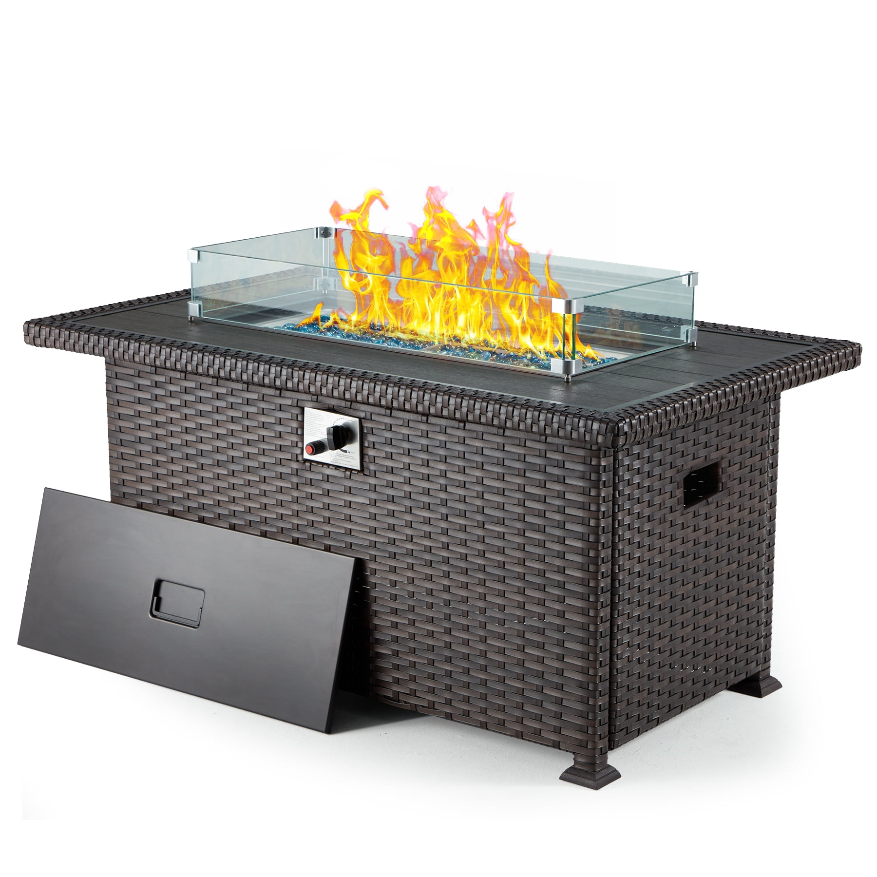 GYUTEI 7 Pieces Outdoor Patio Furniture Set with 44" Propane Fire Pit Table, PE Rattan Sectional Sofa Conversation Set w/Adjustable Bracket,Wood Coffee Table for Backyard (Grey)