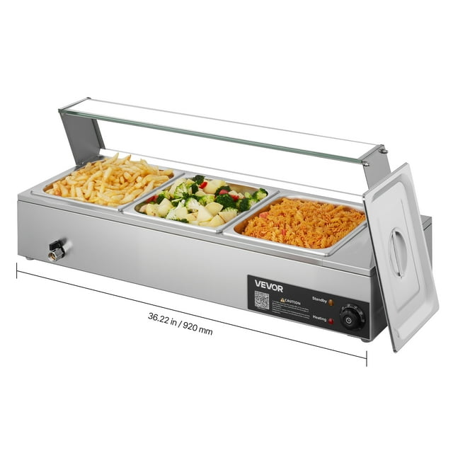 VEVOR Commercial Food Warmer, 1500W Electric Stainless Steel Steam Food Warmer with Glass Cover, Countertop Buffet Bain Marie with Three 1/2 Size Food Pans