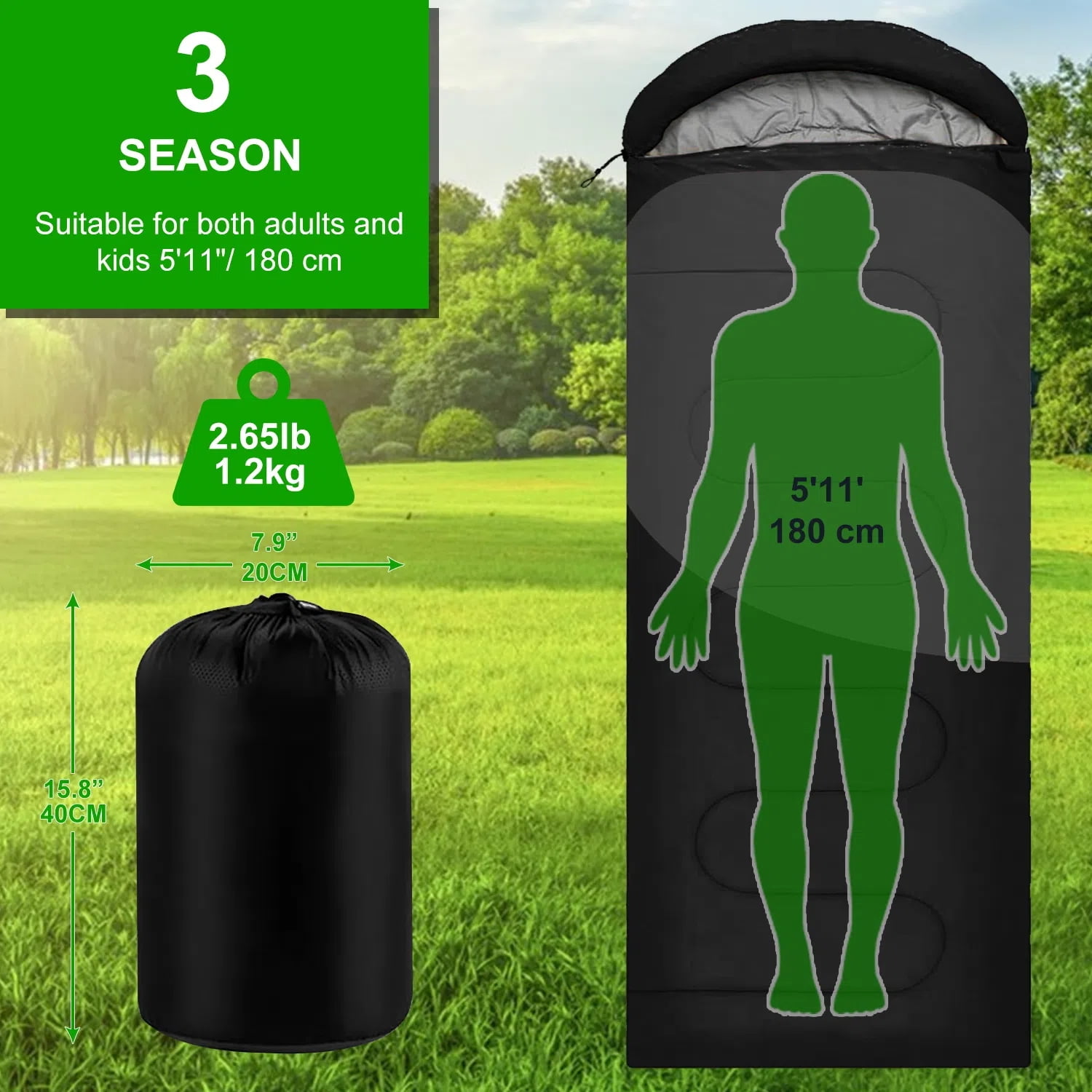 Teblint Camping Sleeping Bag for Adults Kids, Cold Weather Warm Sleeping Bag with Compression Bag for 3 Seasons, Compact Camping Essentials Gear Accessories Hiking Sleep Must Haves-Black