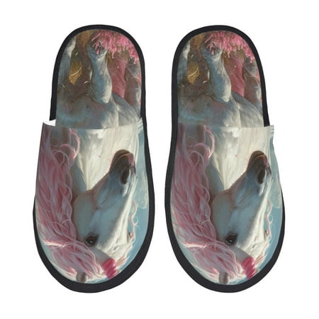 Balery Flower White Horse (2) Slient Indoor Furry Fleece Comfort House Shoes Soft Non-Slip Home Shoes Cotton slippers House Slippers-- Large