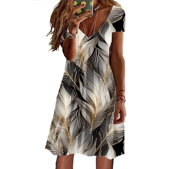 Women's Summer Casual Dress 2025 V Neck Loose Swing Flowy Beach Boho Mini A-Line with Pockets Womens Casual Trendy Midi Dresses