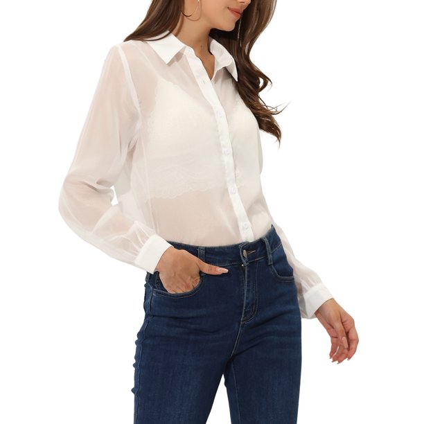 INSPIRE CHIC Women's Shirt Mesh Sheer Point Collar Long Sleeve
