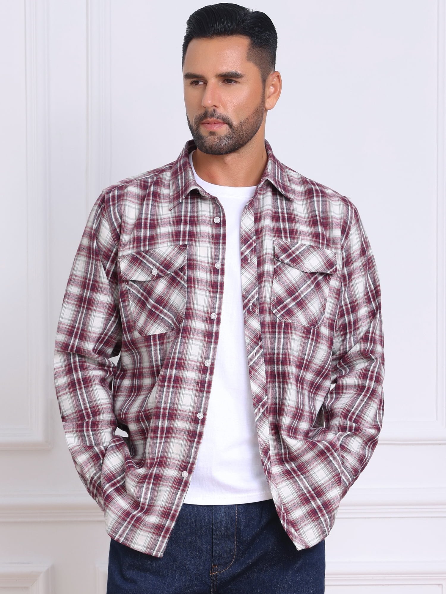 DARING DIVA Men's Contrast Color Slim Fit Long Sleeved Button Down Shirts S Burgundy
