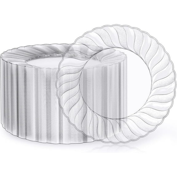 100 Count Clear Plastic Plates 9 Inch, Disposable Heavy Duty Dinner Plates- Premium Hard Plastic Plate Fancy Disposable Clear Plates for Weddings, Parties and Events