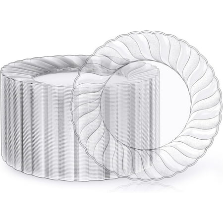 100 Count Clear Plastic Plates 9 Inch, Disposable Heavy Duty Dinner Plates- Premium Hard Plastic Plate Fancy Disposable Clear Plates for Weddings, Parties and Events