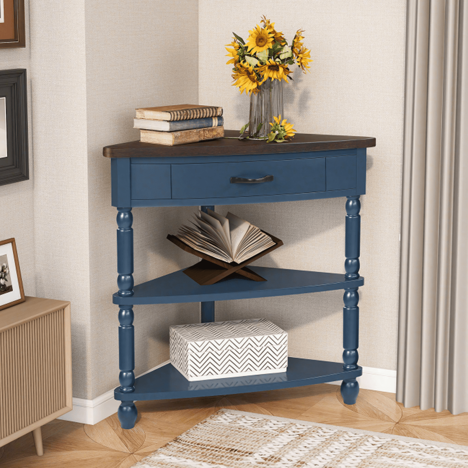 3-Tier Corner Shelf Unit for Small Spaces - Triangular Storage Rack with Solid Wood Legs, Multi-Functional Apartment & Living Room Furniture, Easy Assembly (Navy Blue)