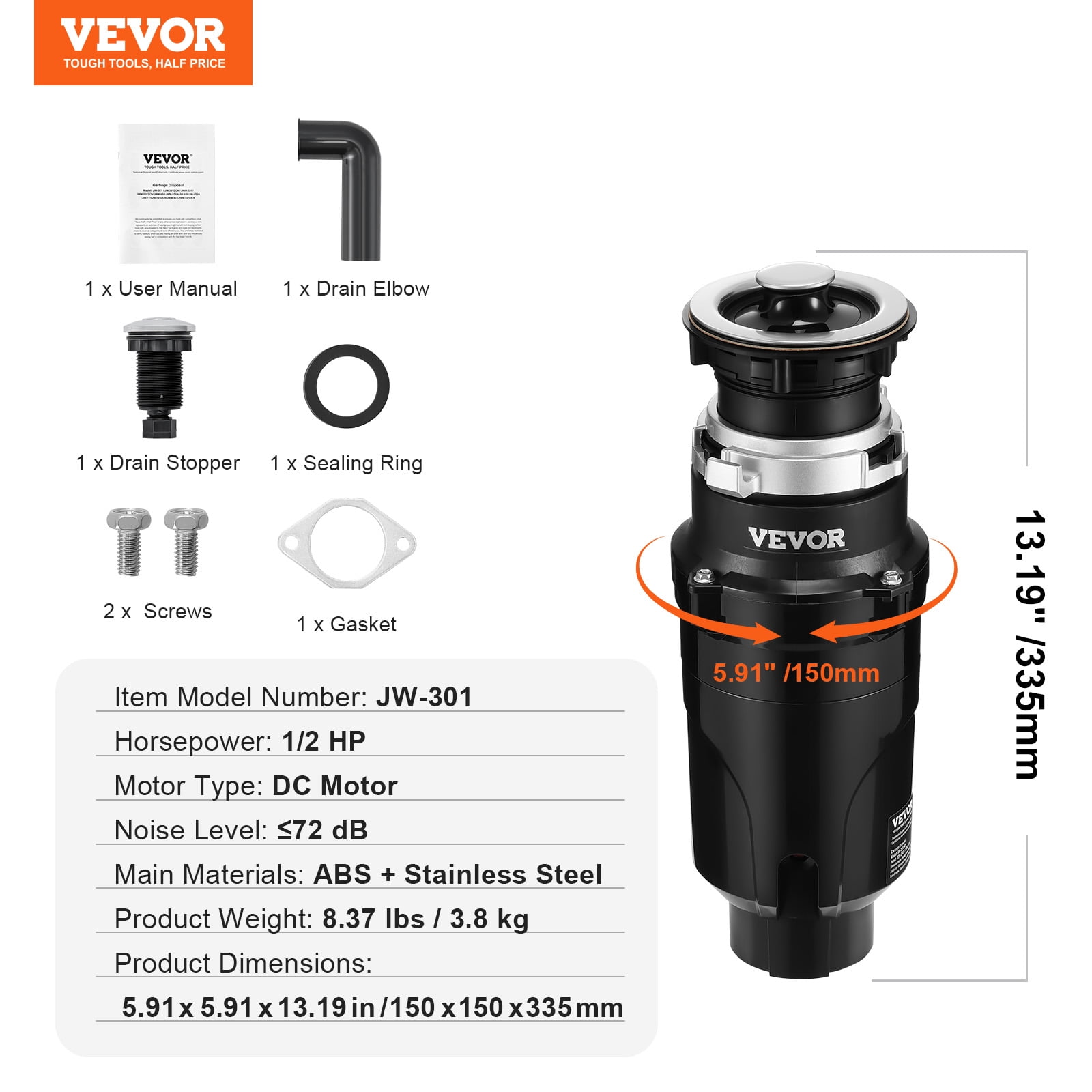 VEVOR Garbage Disposal, 1/2HP 3450RPM Continuous Feed Food Waste Disposer, EZ Connect Food Waste Grinding System with Power Cord & Splash Guard for Kitchen Sinks