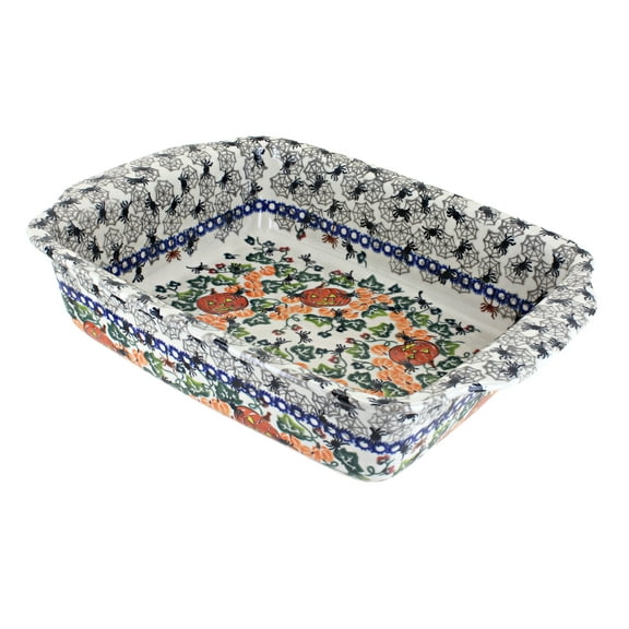 Blue Rose Polish Pottery Trick or Treat Medium Rectangular Baker with Handles