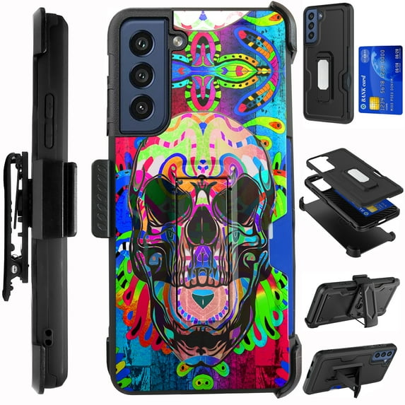 Compatible with Samsung Galaxy S22 6.1" Hybrid Card Holster Phone Case Cover (Skull Colorful)