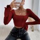 thumbnail image 4 of Mujeres Top manga larga contraste puntada Slim equipada tie back color puro acanalado knit pullover camiseta vino rojo M, 4 of 8