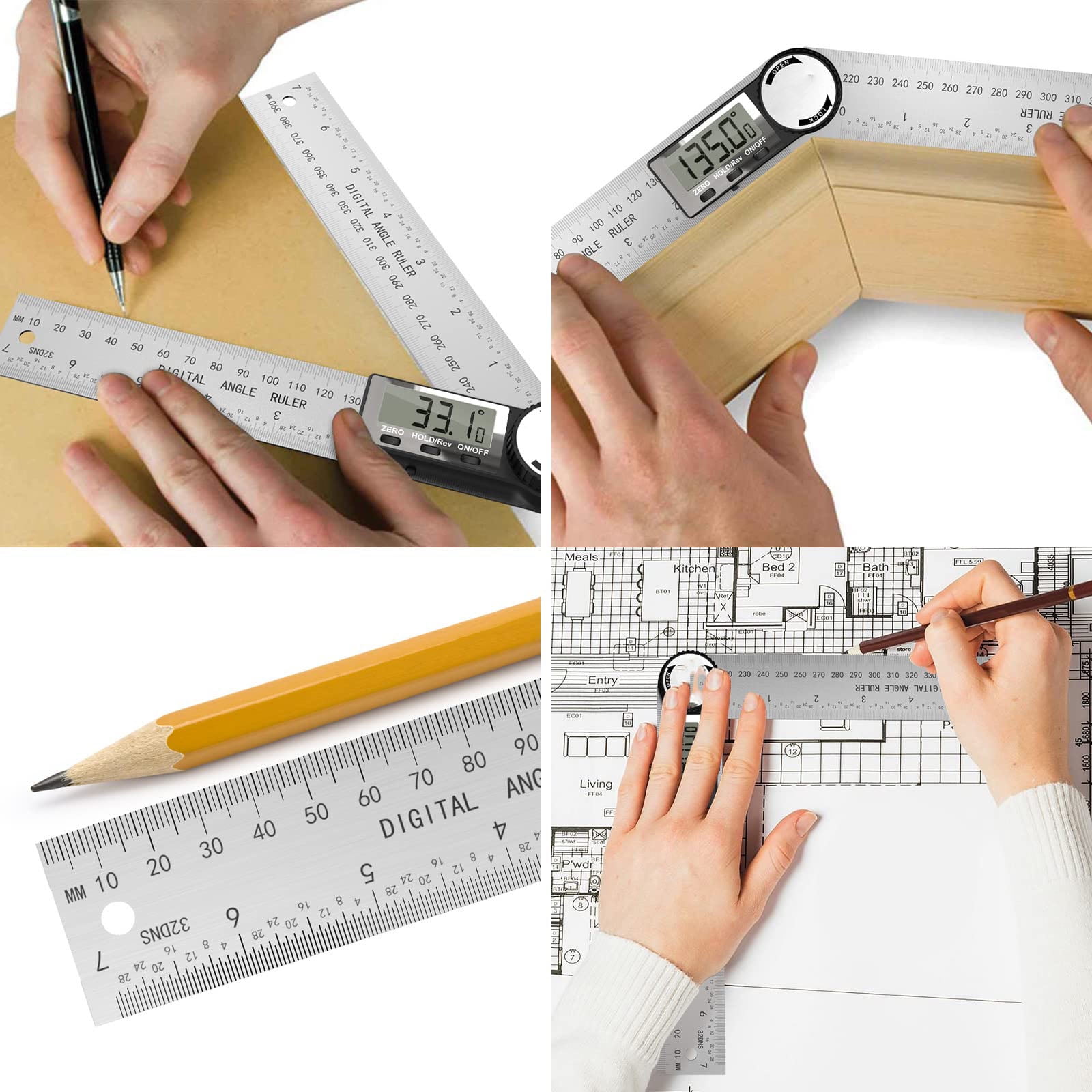 Digital Angle Finder Protractor, 2 In 1 Digital Protractor, Digital Protractor Stainless Steel Angle Measuring Tool with LCD Display, Button Measurement, Low Power Consumption with Automatic Shutdown