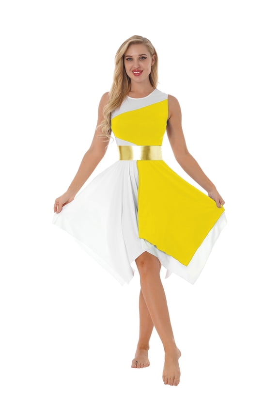 Liturgical Dancewear for Women Metallic Praise Dance Overlay Tunics Color Block Lyrical Yellow XL