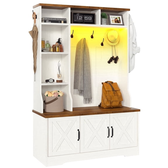 Hall Tree with Bench and Shoe Storage, Farmhouse Entryway Bench with Coat Racks and Led Lights, Tall Hall Tree with 7 Coat Hooks, 6 Storage Cubbies, Adjustable Shelf