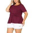 thumbnail image 4 of NOMADIC NOOK Women's Plus Size 2 Piece Twisted Knot Front Tops Crew Neck Short Sleeves Casual Peplum Blouse 1X Burgundy/Green, 4 of 5