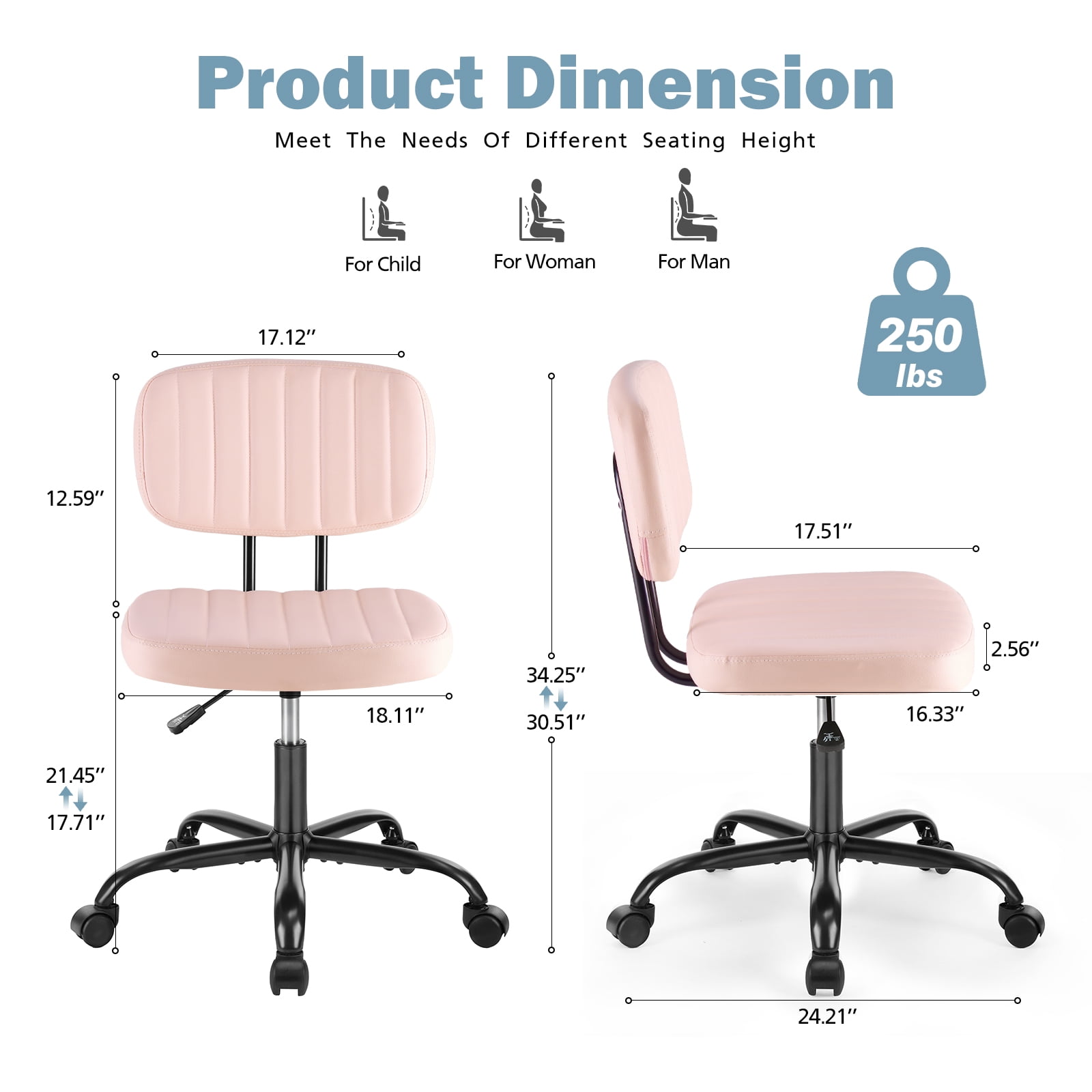 Armless Office Desk Chair with Wheels, Adjustable Height 360° Rolling Swivel Lumbar Support Low-Back Computer Chair, PU Leather, Pink