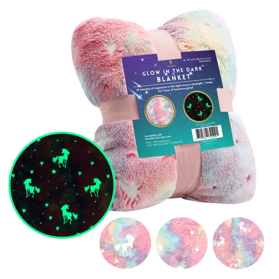 VUDECO Glow in The Dark Blanket Unicorns Gifts for Girls, Birthday Gifts for Kids, Girl Toys for Age 1 2 3 4 5 6 7 8 9 10 Year Old Girls, Soft Kids Blankets, 60 x 50in