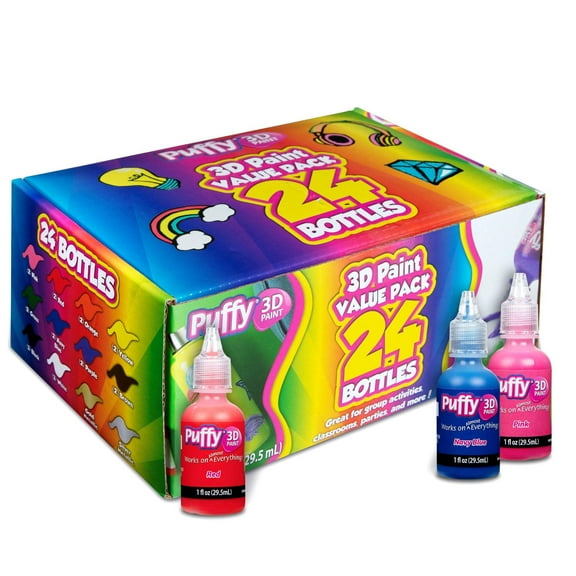 Puffy Paint Artist Pack, Multi-Surface, Permanent 3D Designs, Use on Rocks, Shirts, Shoes, and More, 24 colors