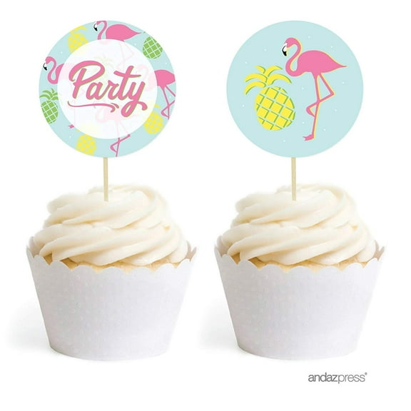Birthday DIY Cupcake Toppers Party Favors Kit, Pink Flamingo and Pineapple Party, 20-Pack