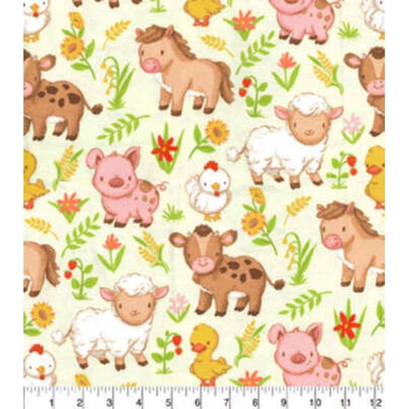 Fabric Traditions Flannel Farm Babies Grazing on Green Nursery Fabric Cotton Baby