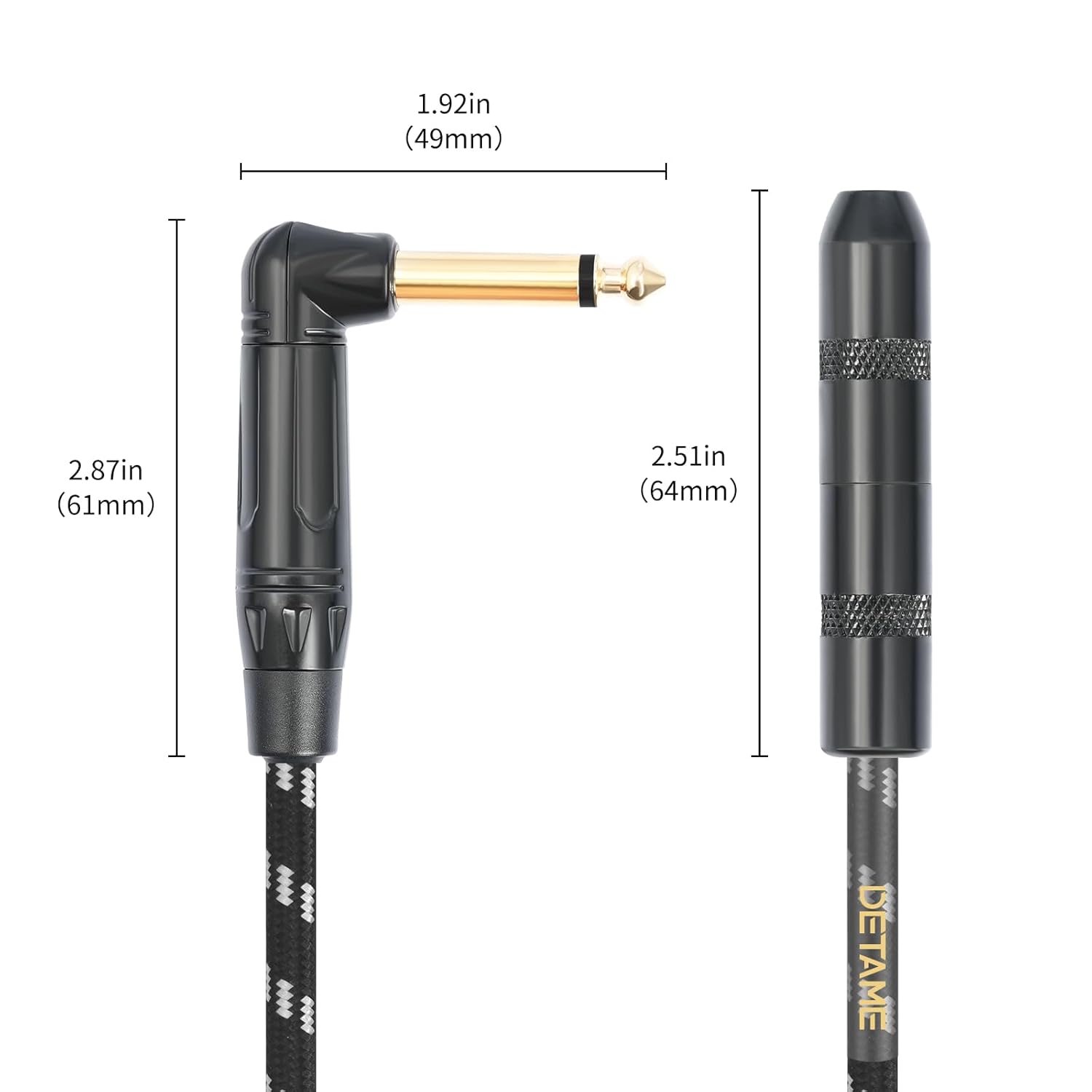 JJEAN-3.3FT Right Angle 1/4 TS Male to 1/4 Inch TS Female Adapter, 6.35mm Mono Male to Female Extension Cable for Bottom Plug/V-Shape Guitar/Front Facing Jack Guitar 1 Pack
