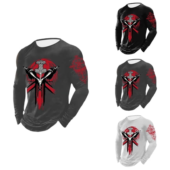 Men's Novelty Viking Raven Print T-Shirt, Long Sleeve Lightweight Casual Norse Mythology Graphic Tee – Soft & Comfortable for Daily Wear