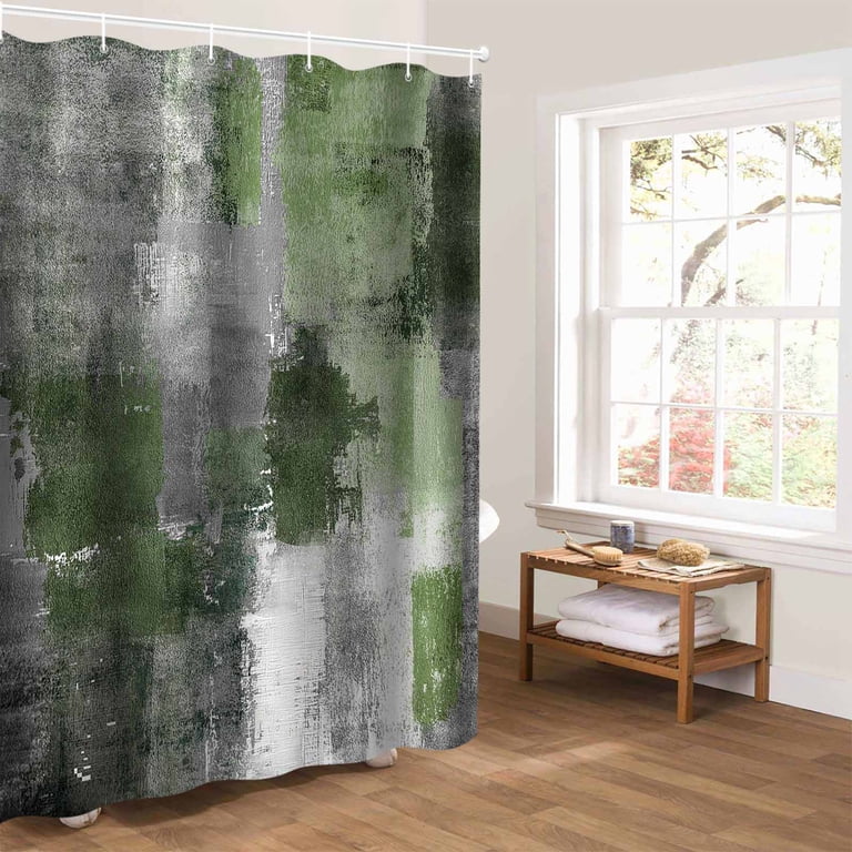 Sage Green Modern Geometric Shower Curtain – Abstract Boho Bathroom Decor 72x72 Inches