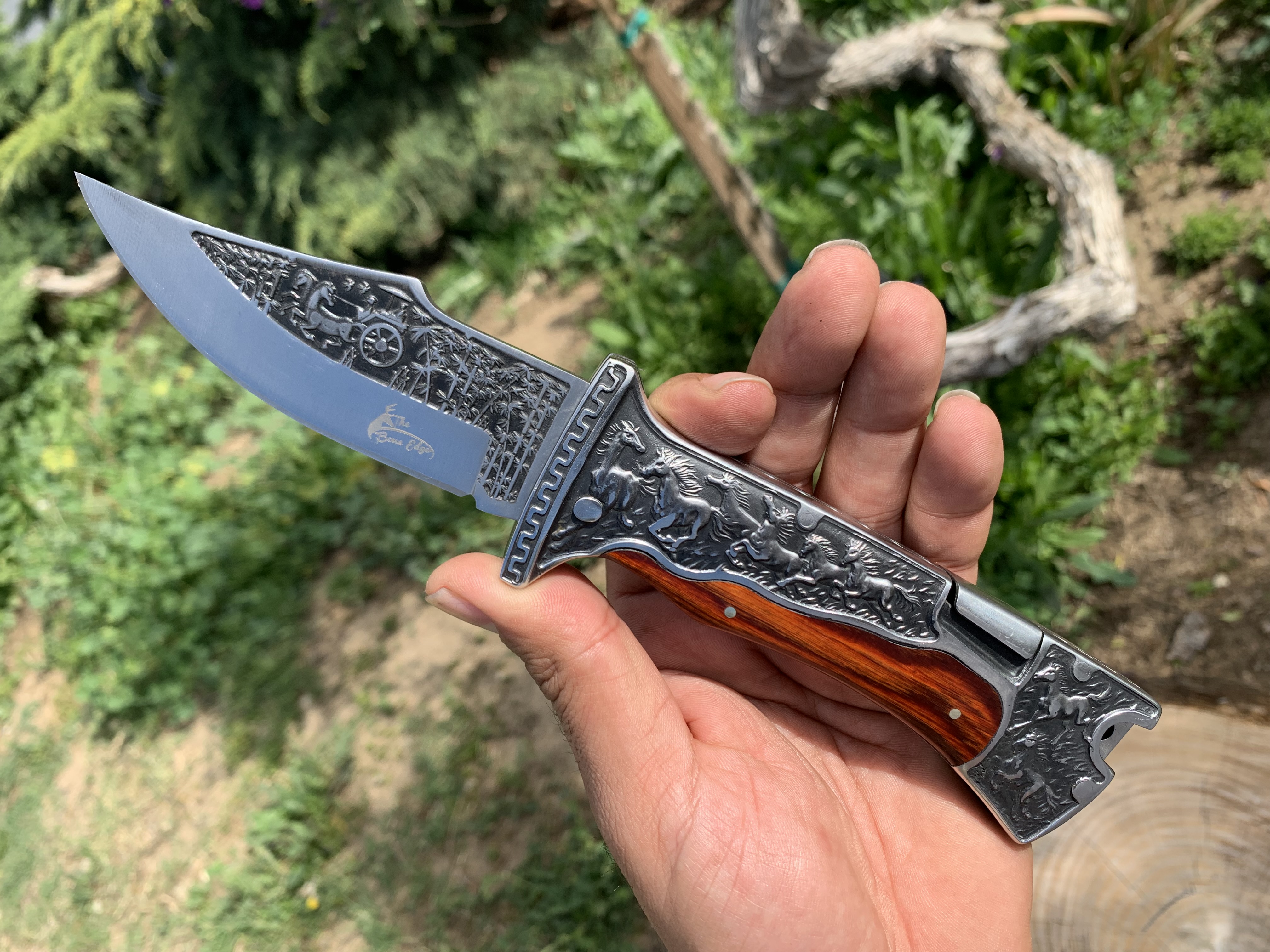 9" Engraved Hunting Folding Open Blade Pocket Knife Wood Handle 3CR13 Steel