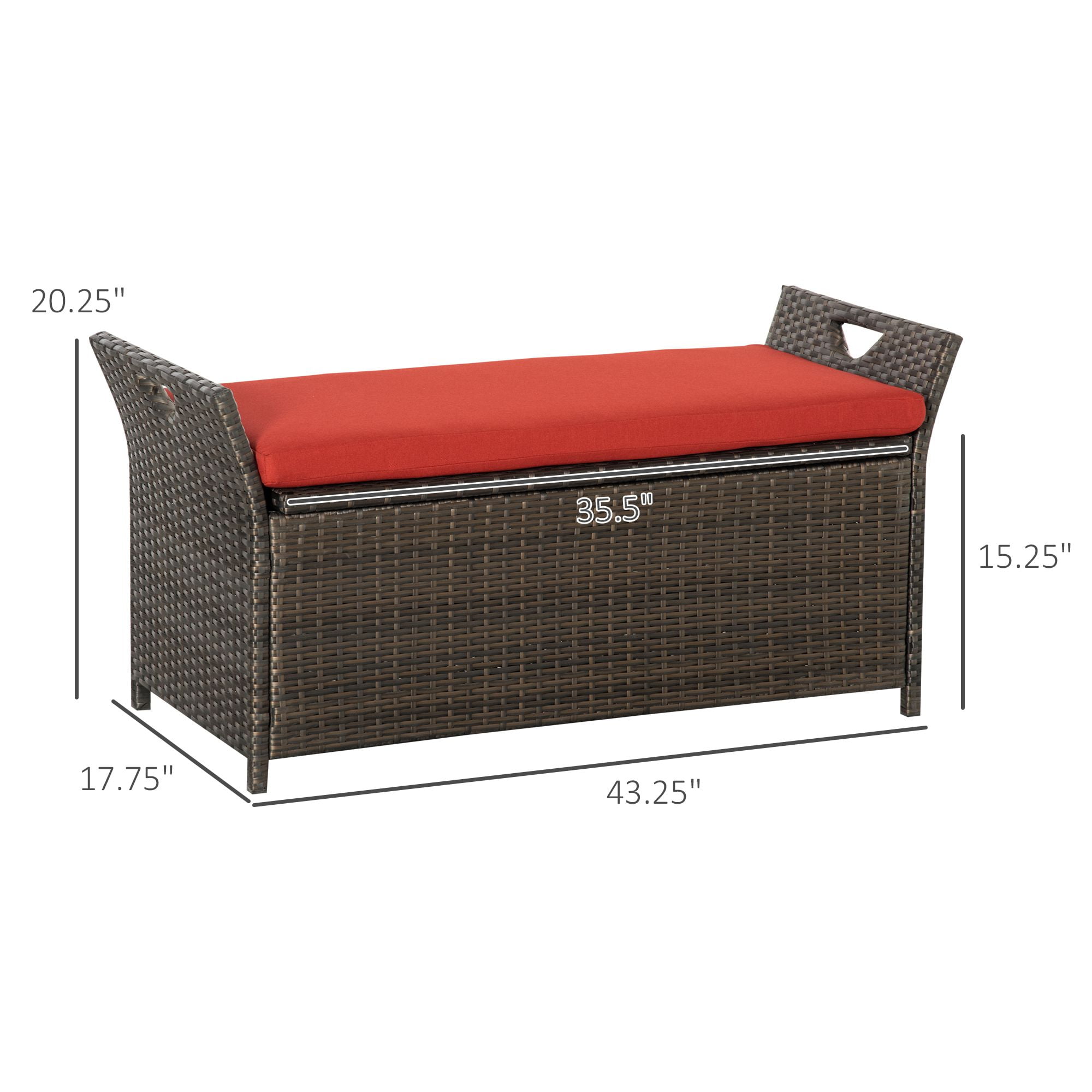 Aimee Lii 27 Gallon Patio Wicker Storage Bench, 2-In-1 Large Capacity Rectangle Garden Storage Box with Handles and Cushion, Outdoor Rattan Patio Furniture, Red