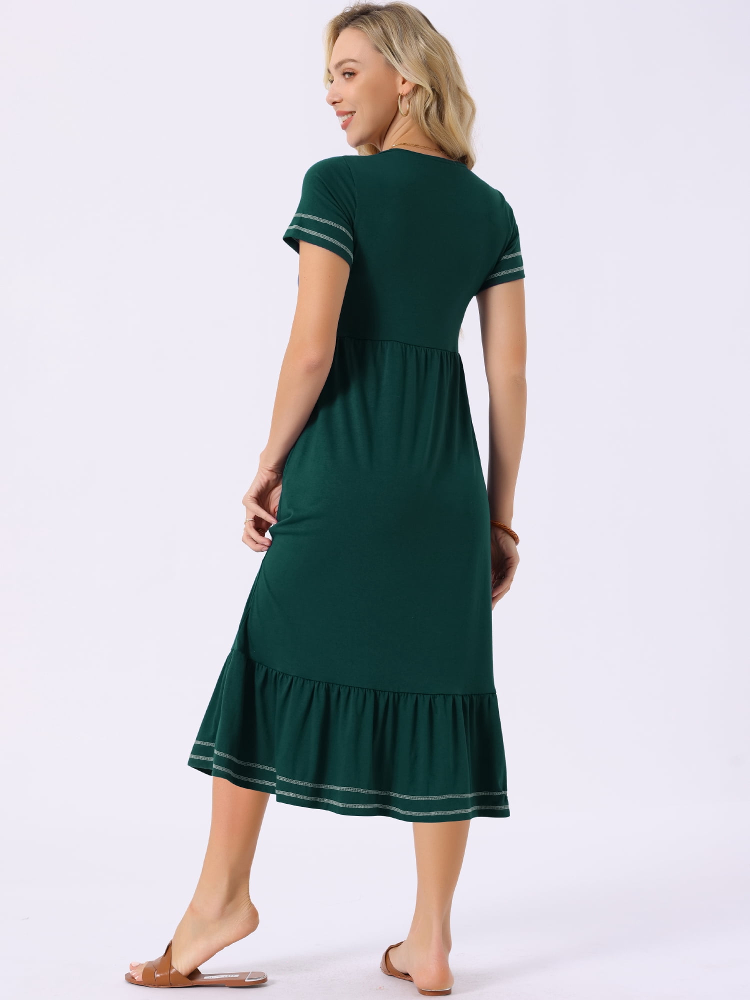 DARING DIVA Short Sleeve V Neck Contrast Trim Flowy Dress L Dark Green