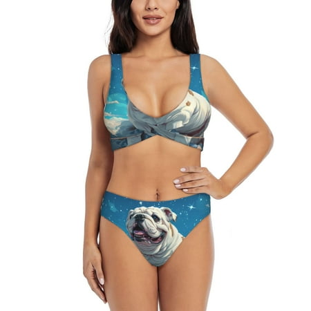 Zeuib Starry Sky Cloud Bulldog High Waisted Tummy Control Bikini Set - Knot Front Push Up Top & Cheeky Thong Bottom  Two-Piece Swimsuit for Women-X-Large