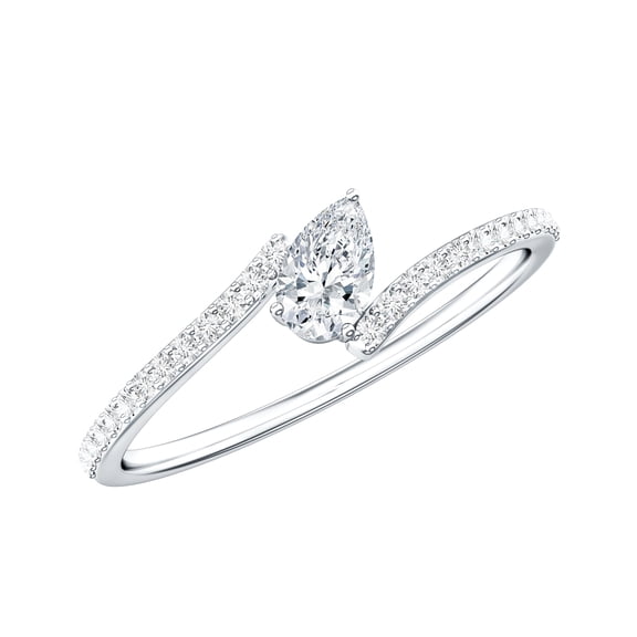 Rosec Jewels Pear Moissanite Bypass Engagement Ring with Side Stones (D-VS1 Grade), 925 Sterling Silver, US 4.00
