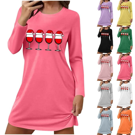 Aboser Christmas Nightgown for Women Long Sleeve Cotton Blend Sleepshirts Funny Wine Glass Printing Pajama Dress Casual Crew Neck Holiday Loungewear