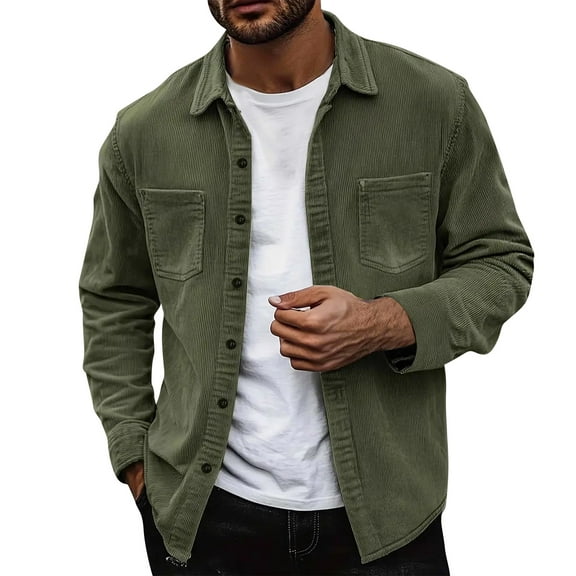 Resicozy Men's Corduroy Button Down Shirts Solid Color Jackets Casual Long Sleeve Lightweight Overshirts with Flap Pockets Army Green L