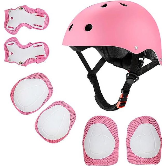 juego de casco de bicicleta bluelander para niños y niñas rosa con rodilleras coderas palmilleras Casco ajustable 50–54 cm con ventilaciones y almohadillas internas, correas negras con hebilla; incluye 2 rodilleras, 2 coderas y 2 muñequeras rosa con paneles blancos; ideal para ciclismo, patinaje o skate, y a menudo usado también para guardar accesorios pequeños durante viajes.