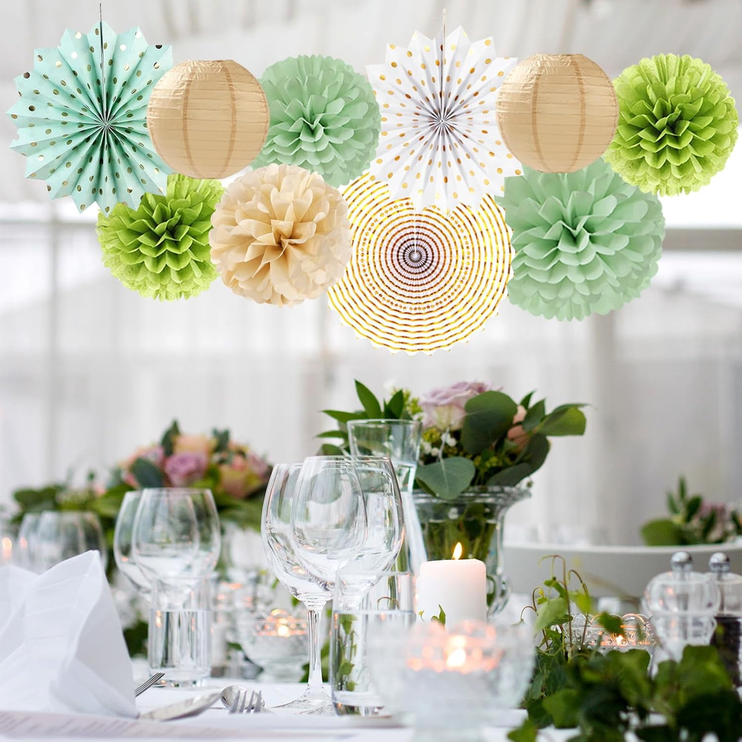 NestE Sage-Olive Green Gold Brown Boho Party-Decorations - 33pcs Paper Lanterns Fan, Banner,Streamers Tassel Garland,Tissue Pom Poms,Baby Bridal Shower Birthday Wedding Bachelorette Engagement Decor