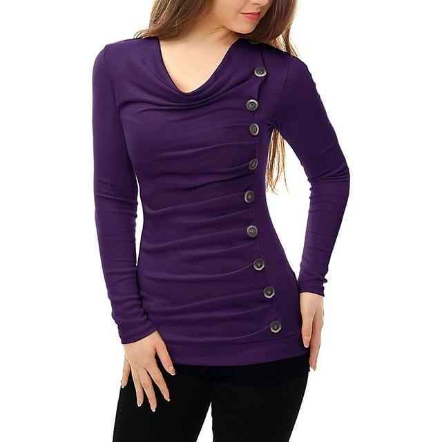 Women's Cowl Neck Long Sleeves Buttons Decor Ruched Top