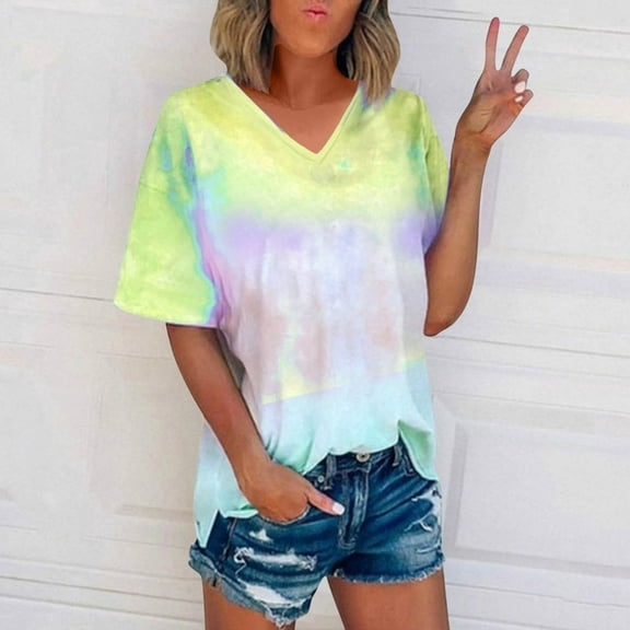 OSFVNOXV Summer T-Shirts for Women Graphic Tees Juniors V-Neck Gradient Color Short Sleeve Pullover Shirts,Mothers Day Gifts