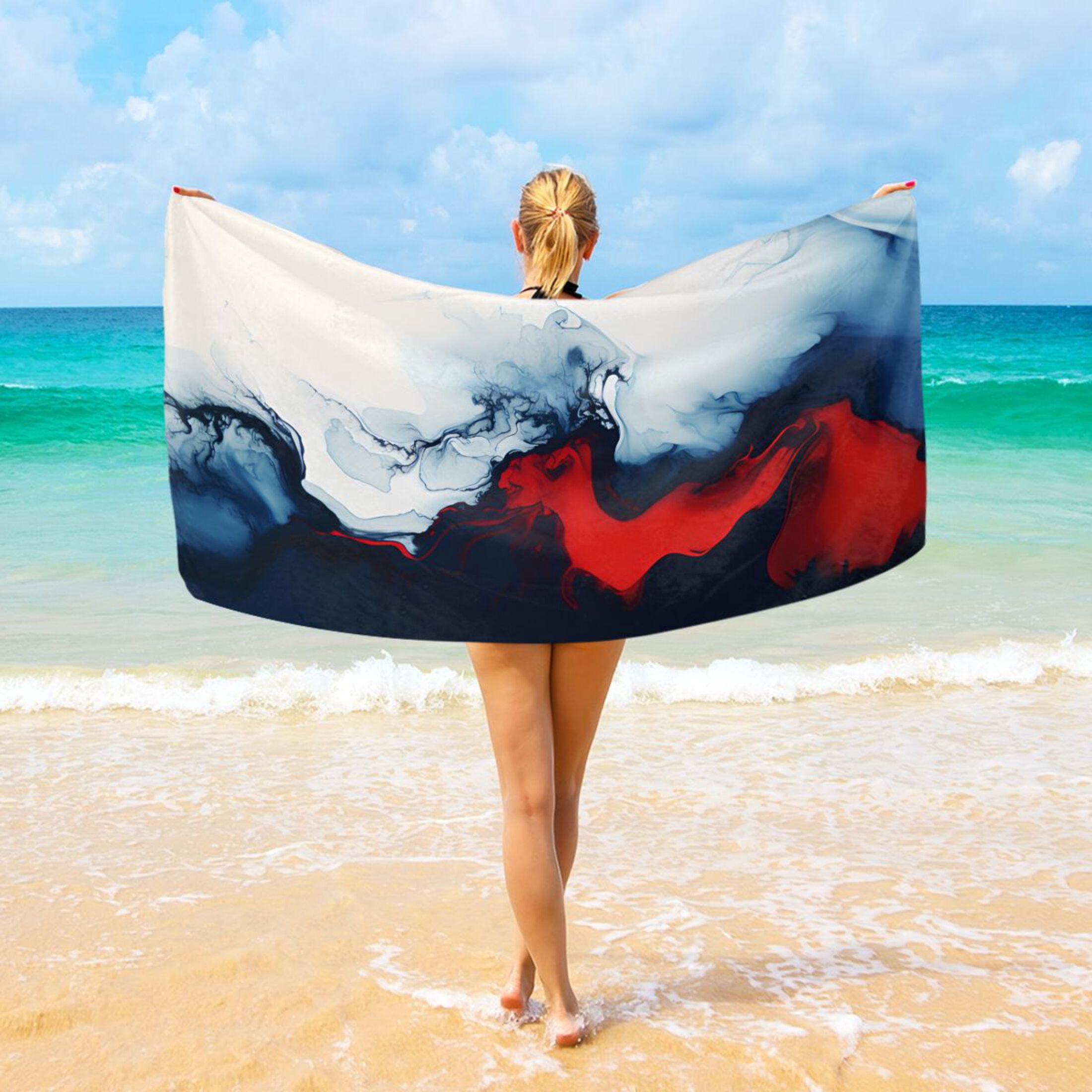 Red Blue White Marble Beach Towel Oversized 74"x37" Pool Towels Soft Absorbent Extra Large Quick Drying for Bathroom
