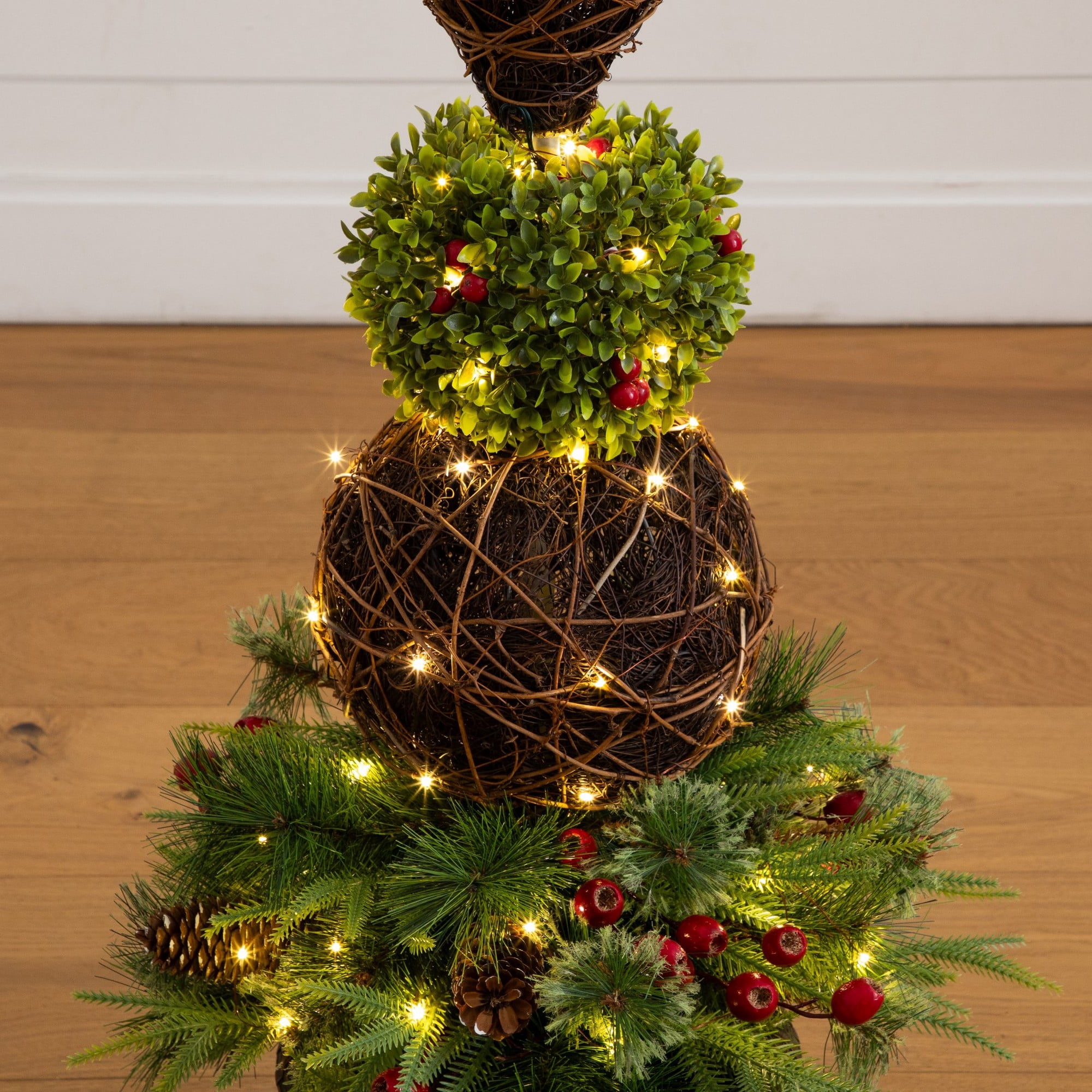 3ft. Pre-Lit Artificial Finial Boxwood Ornament Mixed Pine Topiary Christmas Tree with 70 LED Lights in Decorative Urn