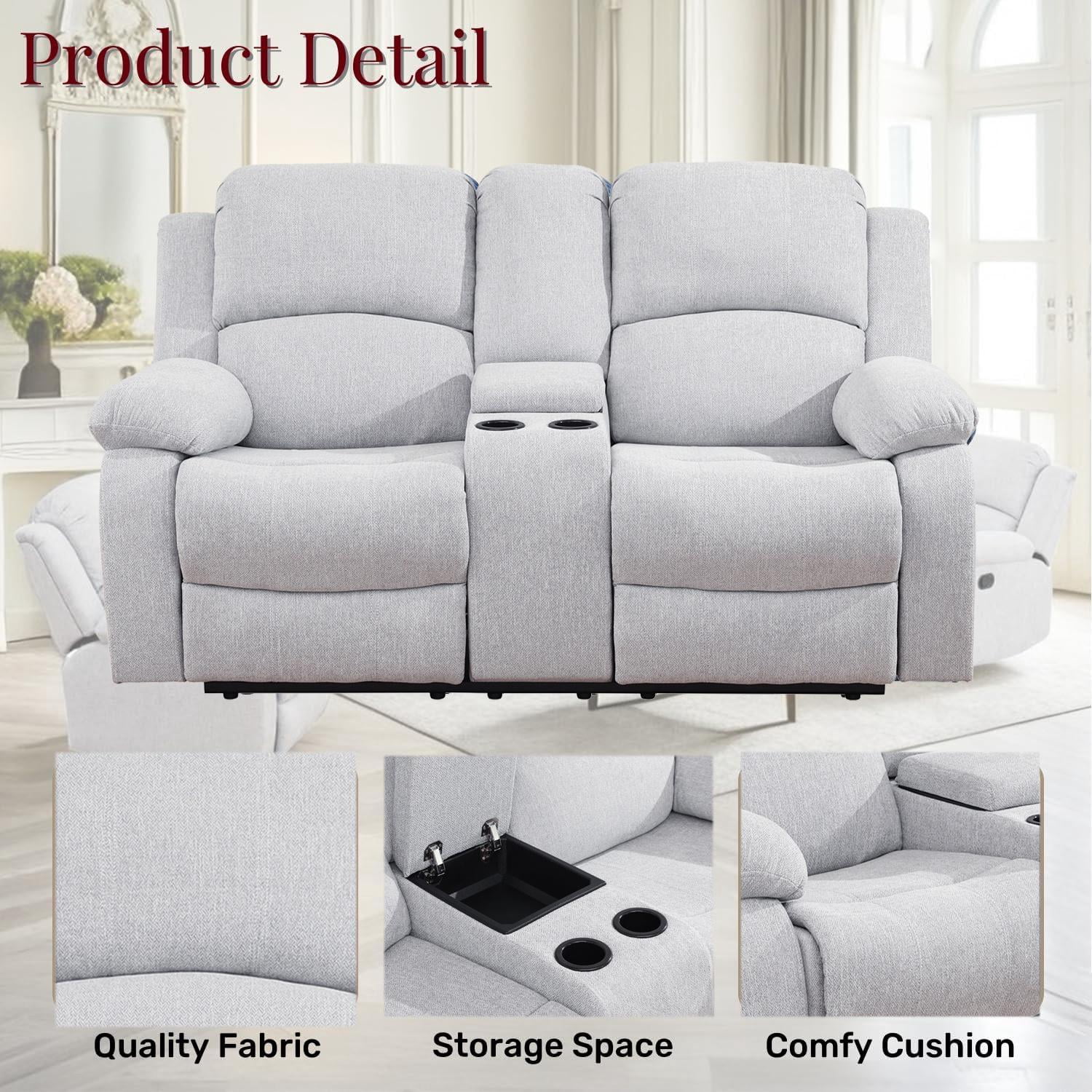 Gewnee Linen Fabric Manual Reclining Loveseat with 2 Recliners and Cup Holders,Gray