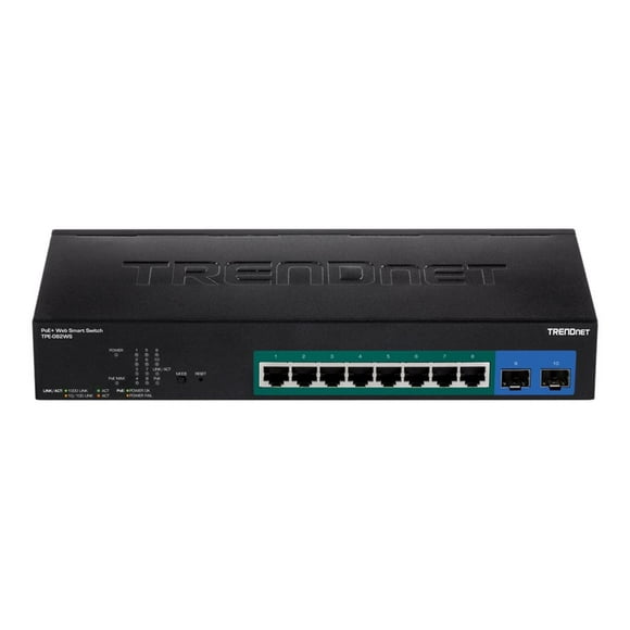 TRENDnet TPE 082WS - Switch - 10 x 10/100/1000 (PoE+) + 2 x shared Gigabit SFP - rack-mountable - PoE+ (75 W) - TAA Compliant