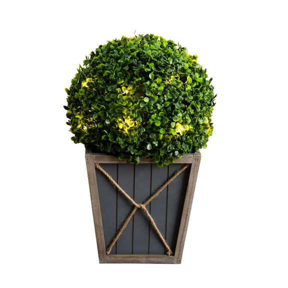 Nearly Natural 18in. UV Resistant Artificial Boxwood Ball Topiary with LED Lights in Decorative Planter (Indoor/Outdoor)