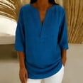 thumbnail image 2 of XUNKUSGA Cotton Linen Womens Tops Casual V Neck 3/4 Sleeve Going Out Tops for Women Loose Soild Color Women's T-Shirts Vintage Vacation Blouses for Women Blue, 2 of 7