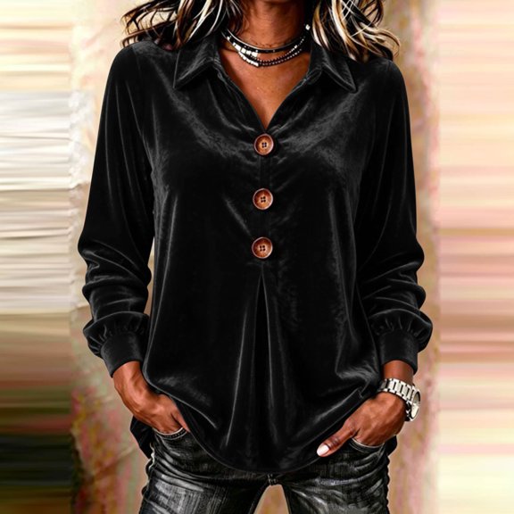 IUYRTFE Women's Velour Button Down Shirt Long Sleeve Collared Blouse Solid Color Casual Top