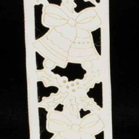 Ivory Holly - Ivory Bells and Holly Cut Out Wired Craft Ribbon 1.5