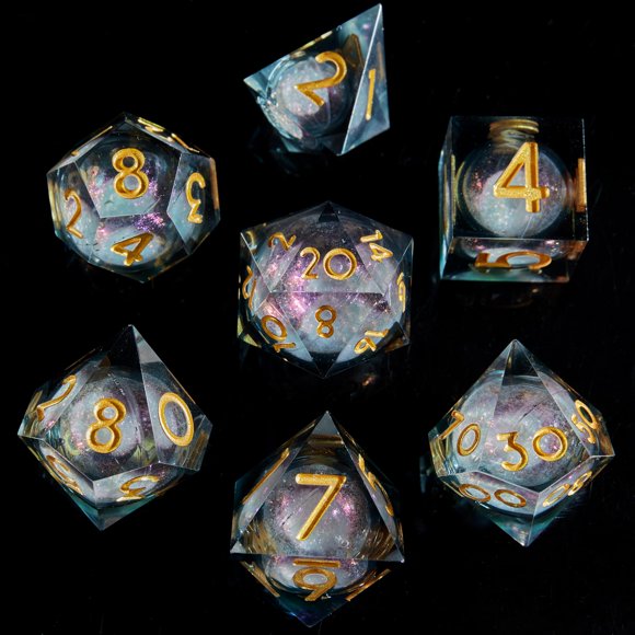 Fugacity Dnd Juego de dados con núcleo líquido hecho a mano con borde afilado, 7 piezas de dados de resina, juego de dados poliédricos de mazmorras y dragones, juego de dados D&D con estuche de regalo