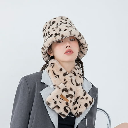 

Honeeladyy Sales Ladies Leopard Plush Fisherman Hat Scarf Two-Piece Suit Warm Hat Bib