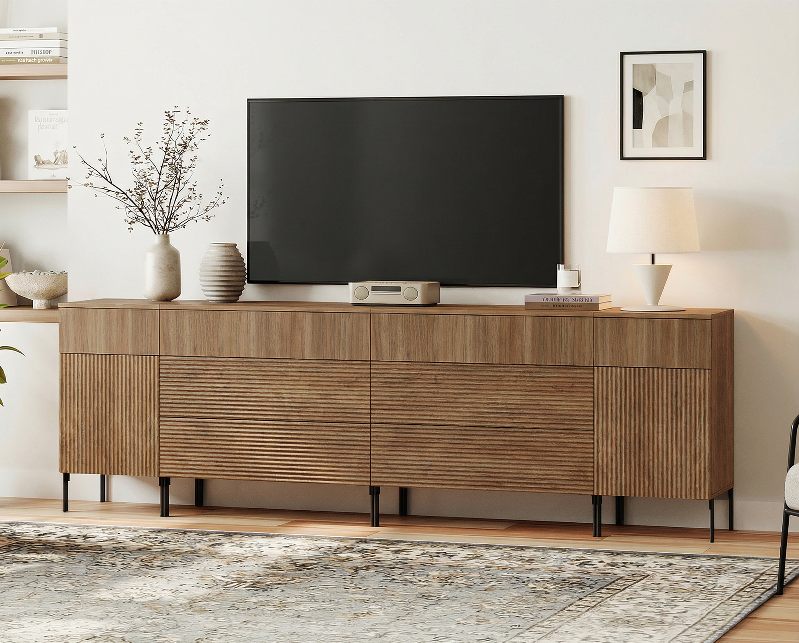 94.5" Long Modern Reeded Dresser TV Stand with Drawers, Entertainment Center with Charging Station, Wooden TV Console with Storage for Living Room